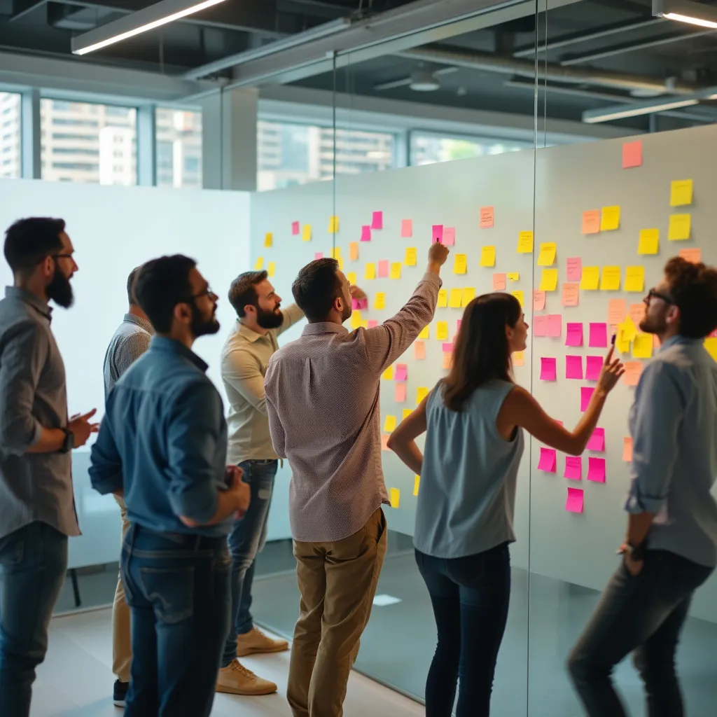 Equipo de AvanzaConsult en una sesión de lluvia de ideas creativa y dinámica.